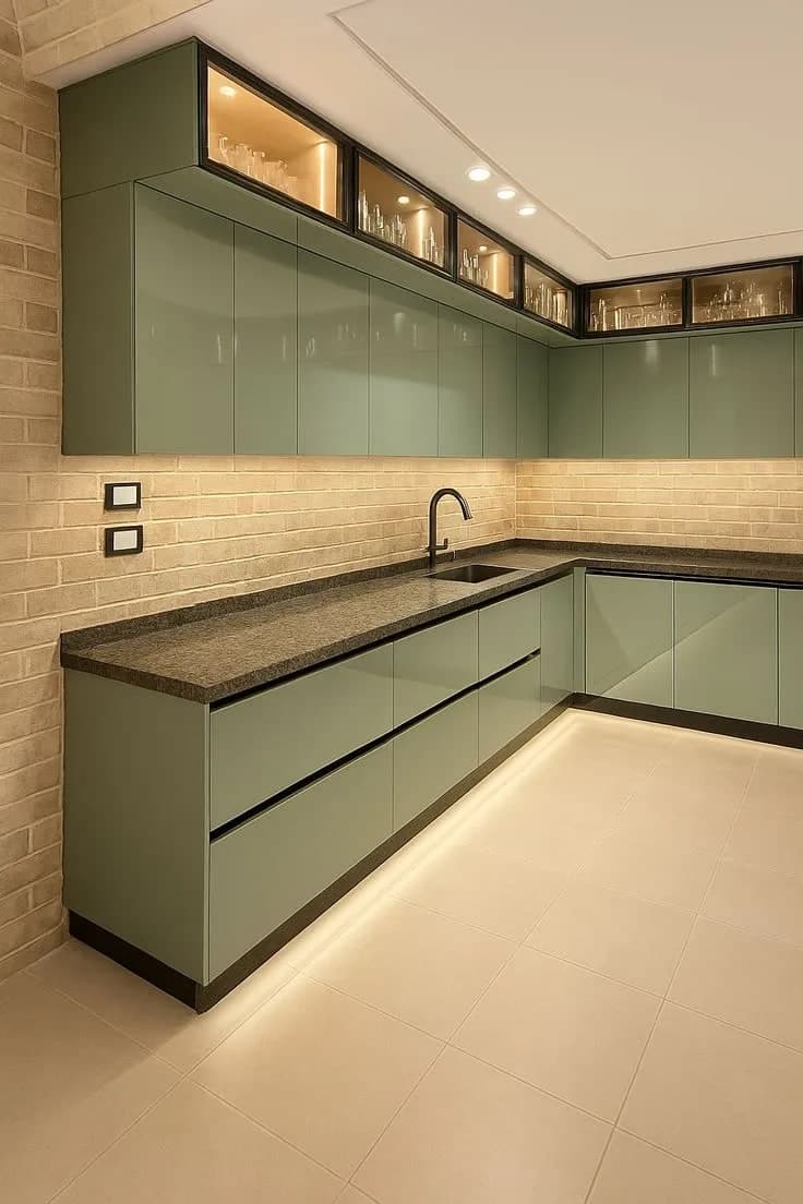 Modern Sage Green Kitchen With Brick Backsplash & Marble Elegance